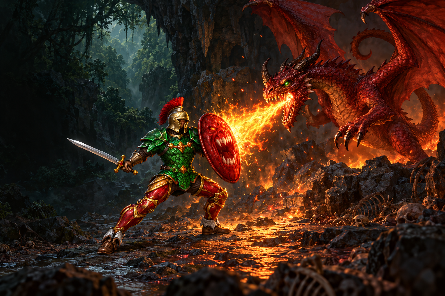 A knight in classic Tibia equipment uses a Demon Shield against a red Dragon Lord’s flames